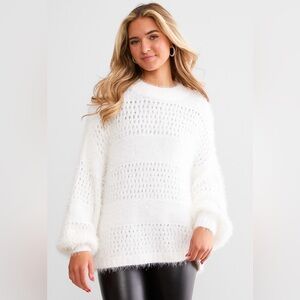 Daytrip Pointelle White Eyelash Soft Fuzzy Open-Knit Crew Sweater